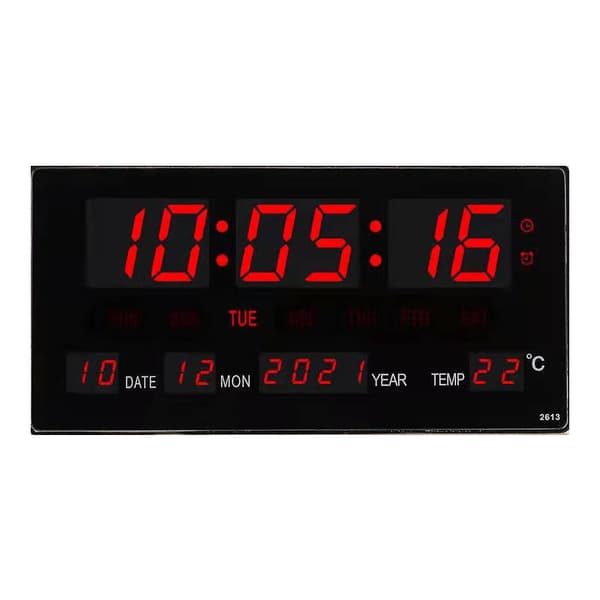 Stort LED digitalt vægur (36 cm), 8 programmerbare alarmer, fuld kalender og temperaturvisning.