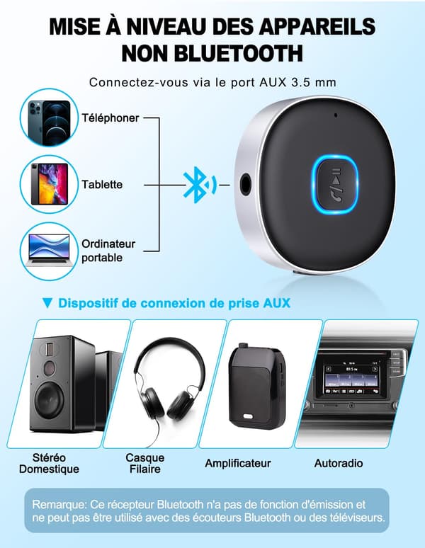 Bluetooth 5.3 bilstereo-mottaker trådløs AUX-adapter for høyttalerlydsystem hodetelefoner