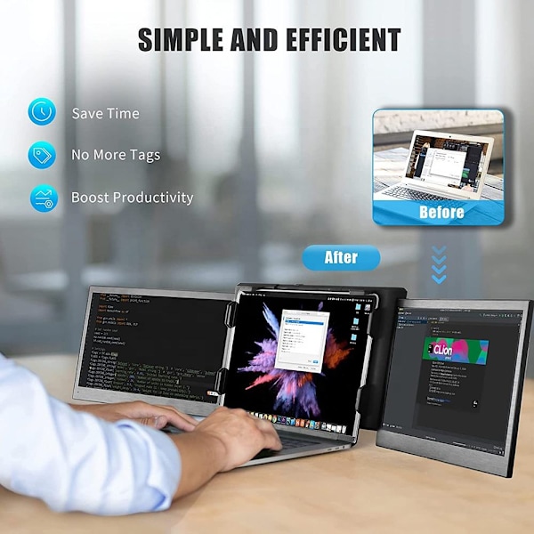 Triple Screen Laptop Monitor, 13,3 tums bärbar datorskärm Plug and Play Laptop Screen Extender