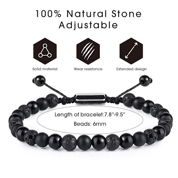 Svarta Pärl armband för Män Pojkar - 6mm Obsidian Onyx Lava Pärlor Armband Set för Par - Julgåvor Födelsedagspresenter