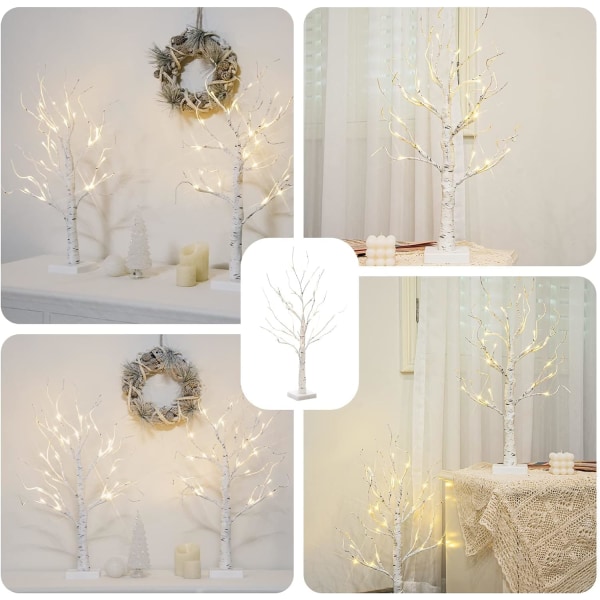 2 Pakke hvidt juletræ med lys 45cm Desktop Birch Varm hvid LED batteridrevet 2pcs