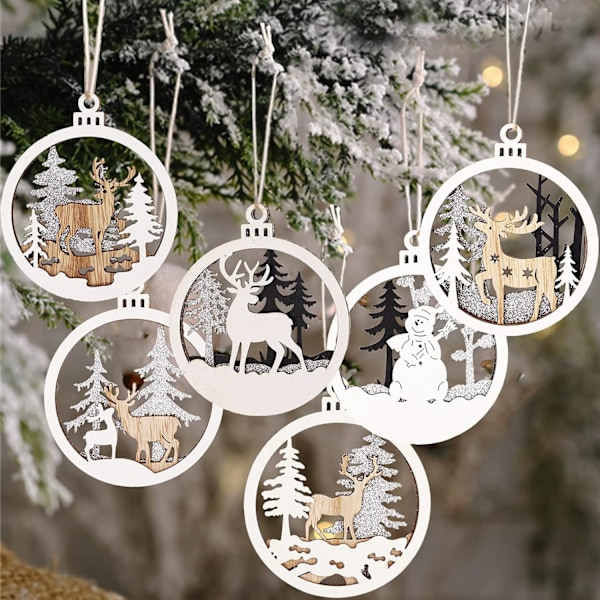 Vinterland Ornament för Julgran - 6-pack Julgranspynt i Trä för Vinterjul