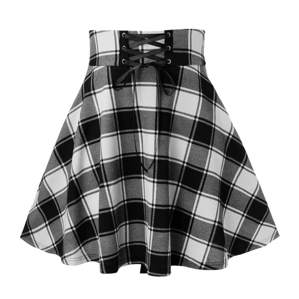 Kvinders stretch-højtalje plaid plisseret nederdel Panelet bindebånd A-line kort mini-nederdel (sort og hvid, L)