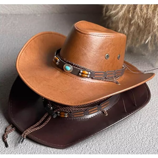 Mænd Kvinder Western PU Læder Cowboy Hat Western Cowboy Cow Pige Hatte Turist Knight Hat Boho Hat Camel