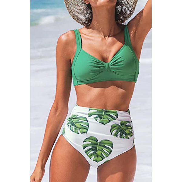 Dames Bikini Sweetheart Højtaljet Blomsterprint 2-delt Badetøj Grøn+Hvid (L)