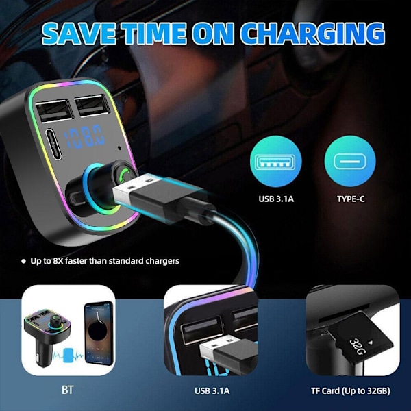 Auton Bluetooth 5.0 FM-lähetin PD Type-C Dual USB 3.1A Nopea Lataus Värillinen Ympäristövalo Handsfree MP3 Modulaattori Soitin