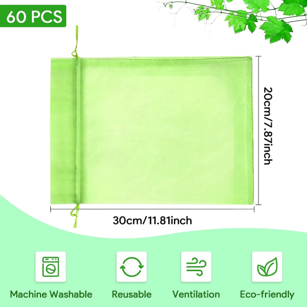 Fruit Protection Bag 60 Pieces, Grape Protection Bag 20x 30cm Garden Organza Bag with Drawstring Against Wasp Drosophila Beetle Birds (Moss Green)