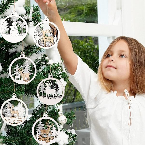 Vinterland Ornament för Julgran - 6-pack Julgranspynt i Trä för Vinterjul
