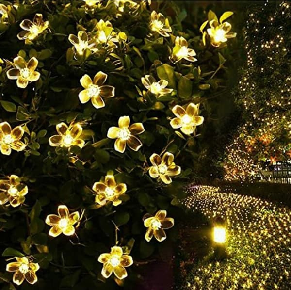 Utendørs solcelle lyslenke, 12 meter lang, 100 LED blomsterform, 2 lysmoduser, egnet for jul, tredekorasjon, hage, terrasse E