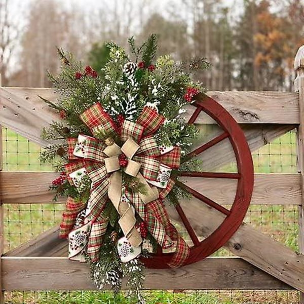 Röd vagn hjul krans med band tallar Bär | Vintage bondgårdskrans för ytterdörr | Juldekorationer Krans för fönster utomhus | W
