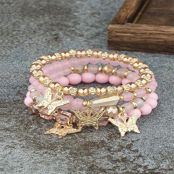4 stk. Bohemian Butterfly Krystal Steng Armbånd til Kvinder Guld Perle Stabelbar Stræk Armbånd Farverig Charm