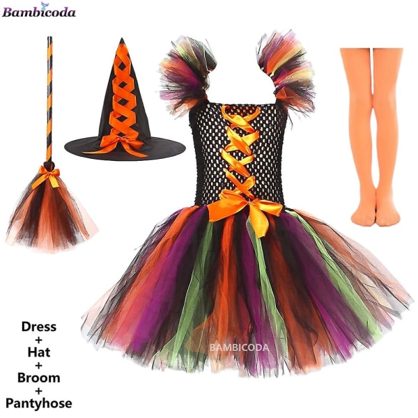 Förklädnad Häxa Halloween Kostym Knälång Klänning Med Hatt Kvast Strumpbyxor Barn Karneval Cosplay Fest Set B3 b3 M(4-5Y)