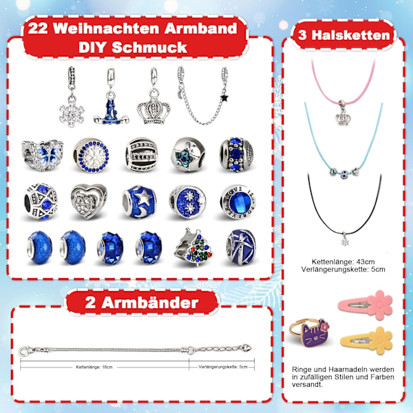 Smykke Adventskalender 2024 Piger, DIY Julekalender Smykker, 24 Fyldning Håndværk Charm Armbånd Kit, Julegave til Børn Kvinder Teenagere