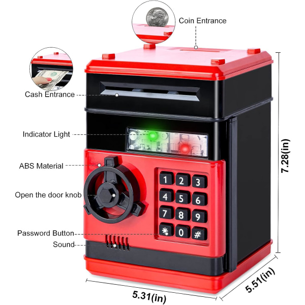 Elektronisk sparegris til børn, sikker sparegris med gavekode Barn 3-12 år dreng pige pengeskab penge pengeautomat penge sparegris til børn rød
