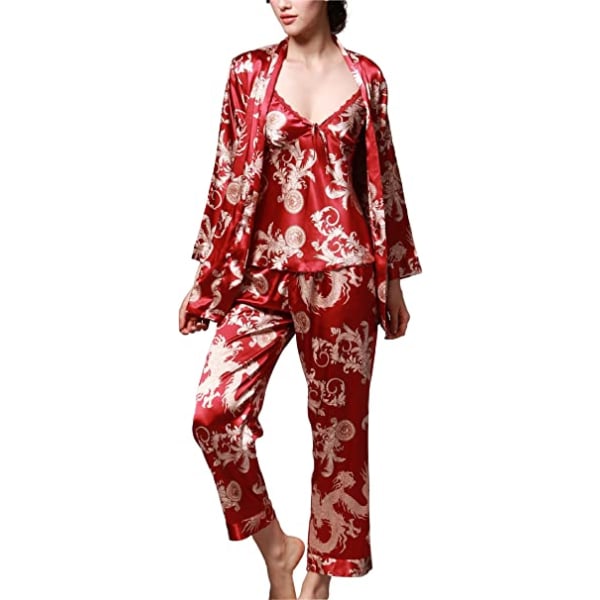 Langærmet silkepyjamas til kvinder Sexy Comfort tredelt (vinrød-L)