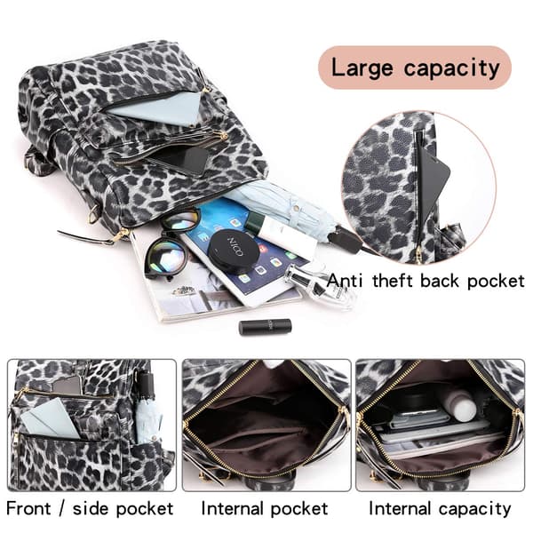 Dame Mode Rygsæk Tasker Multipurpose Design Håndtasker og Skuldertaske PU Læder Rejsetaske Leopard grå C