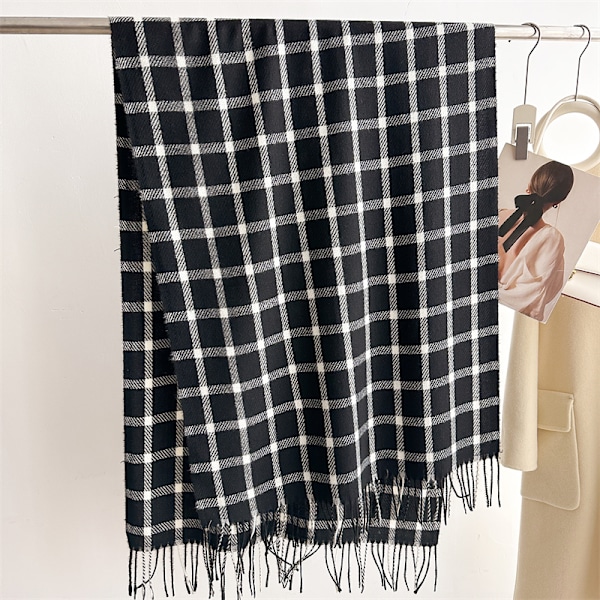 2024 Vinter Kvinder Plaid Faux Cashmere Sjal Tyk Varmt Cashmere Sjal Wraps Med Kvaster 1