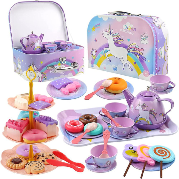 Tea Party Set för små flickor, låtsas plåt tekanna Set, Princess Tea Time Play Köksleksak