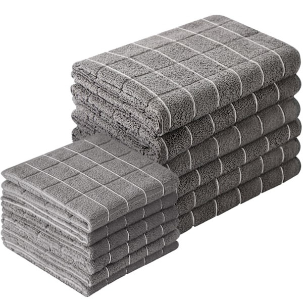 Microfiber Kitchen Towels and Dishcloths Set, 26 X 18 Inch and 12 X 12 Inch, Set of 12 Bulk Lint Free Dish Towels for Drying Dishes, Grey