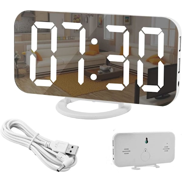 Digital väckarklocka, 6,5" storskärms LED-spegelväckarklocka med dimningsläge, justerbar ljusstyrka, 2 USB laddningsportar, vit