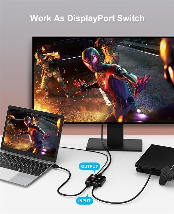 DP-switch version 1.4 8K@60Hz 1-til-2, 2-til-1, tovejs skifte- og distributionskonverter