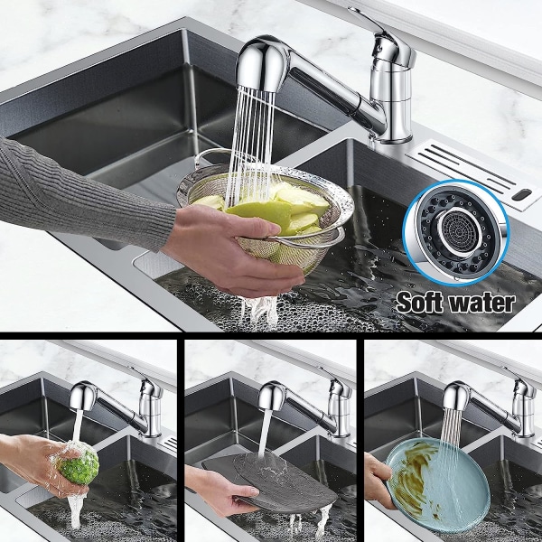 Utdragbar köksblandare, köksblandare och utdragbar dusch med två vattenutloppslägen. Köksblandaren kan rotera 360° lämpligt