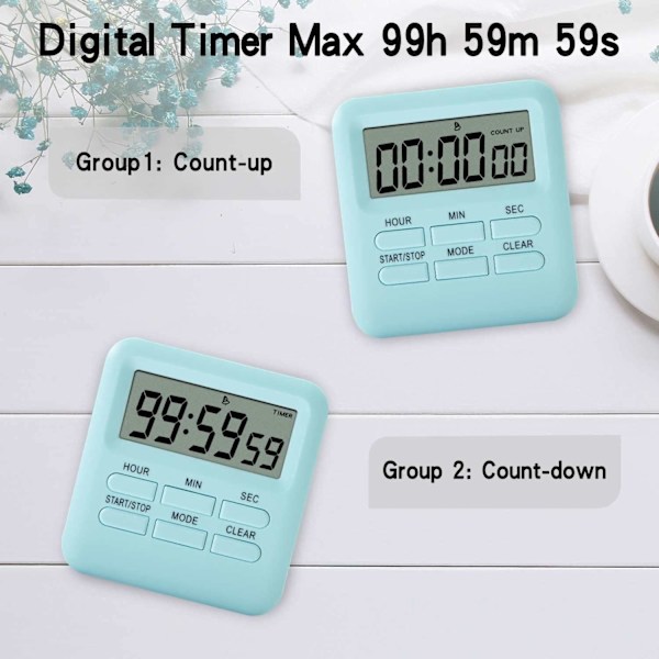 Digital timer med ur alarmfunktion, magnetisk bagside digital køkken timer, tidsstyring, til køkkenstudie Blue