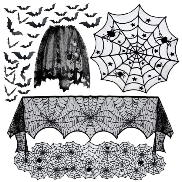 5-pack Halloween Spider Decorations Set - Öppen spis Scarf & Runt cover & spetsbordsduk & spindelnät lampskärm & 60 delar Skrämmande 3D-fladdermöss