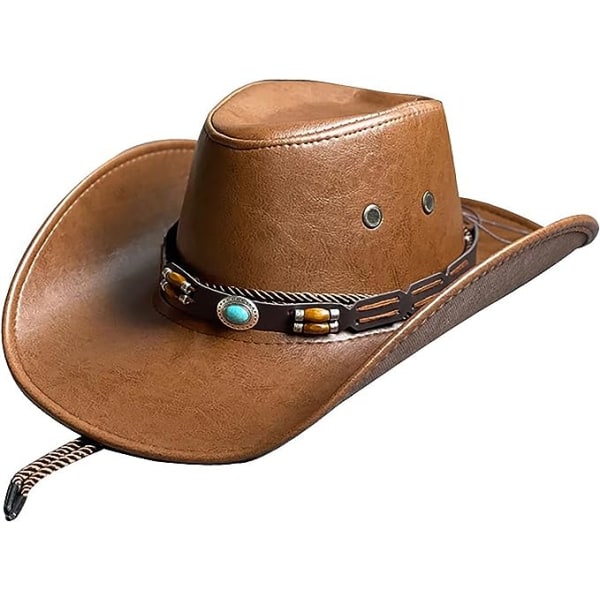 Herr västerländsk PU läder cowboyhatt för män Western cowboy cow flickhattar Turist riddarhatt Boho hatt Camel