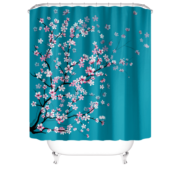 Duschdraperi, Sakura Bloom-mönster, Tyg Badrumsdekor Set 180cm x 180cm, Petrol Ljusblå Rosa Halkskyddande Matta Duschdraperi Set med Fyra