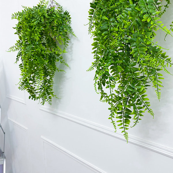 2 stk kunstige hængende planter, plast kunstige grønne planter kompatible med indendørs / udendørs