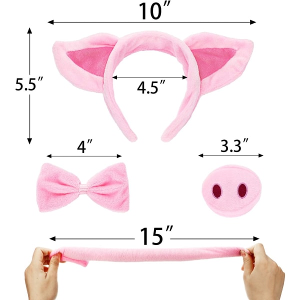 Svin Kostume Sæt Svin Ører Næse Hale og sløjfe Pink Pig Fancy Dress Kostume tilbehør til børn