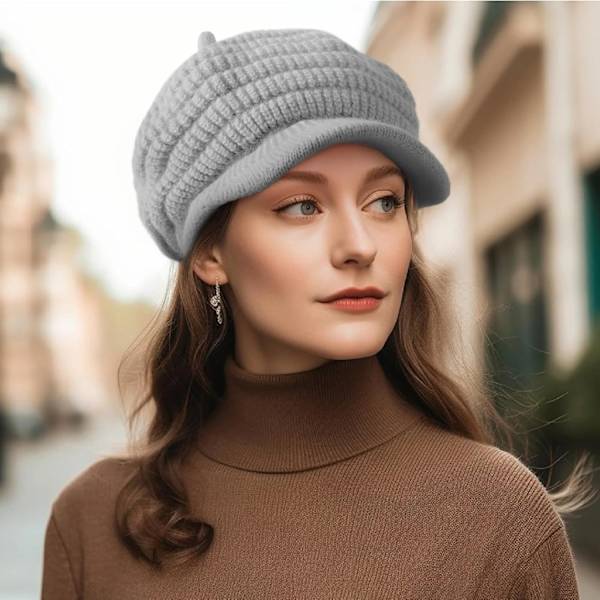 Vinterlue for kvinner - Varm strikket lue med skjerm, fleecefôret varm fleece-beret 3