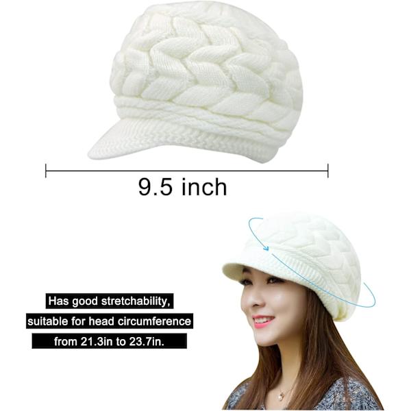 Vinterstrikket lue med brem for kvinner, svart, hvit, grå, elegant beanie med varm fleecefôr 2