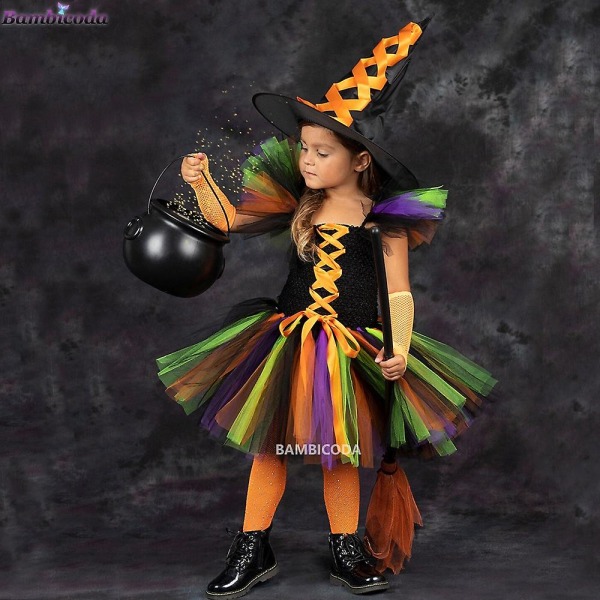Förklädnad Häxa Halloween Kostym Knäklänning med hatt Kvast Strumpbyxor Barn  Carnival Cosplay Party Set B3 b3 S(2-3Y) 0a9b | b3 | S(2-3Y) | Fyndiq