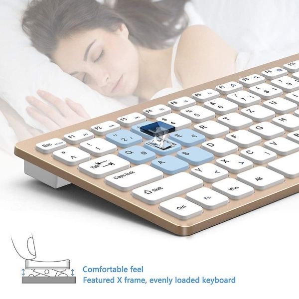 Tastatur- og musesæt, 2,4 g trådløst tyndt tastatur med trådløs musekombination til bærbar, pc A Tyrant Gold