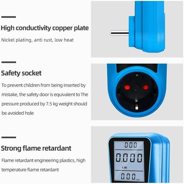 Digital Strømmåler EU Plugg AC Voltmeter Energitester Regulatorisk Plugg 6.2X7.6X12.9 CM Blå