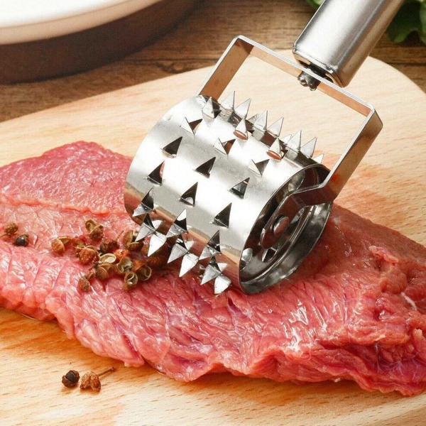 Kjøttmørning, rustfri sølv kjøtthammer, kjøttmørning av rulletype, brukes til biff, svinekoteletter og annet spekemat