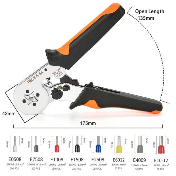 HSC8 6-4A kold terminal crimptang 1200PCS rørformet terminal crimp tang sæt Black 1pcs