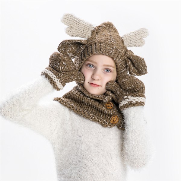 Efterår og vinter uldhatte til børn til mænd og kvinder dyr elg cape hat hæklede tørklædehandsker todelt sæt (brun)