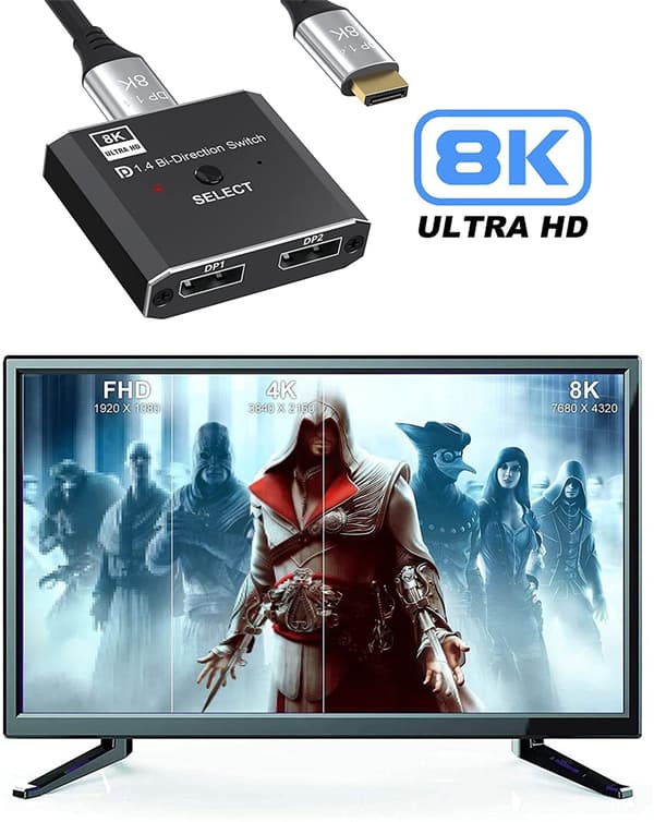 DP-switch version 1.4 8K@60Hz 1-til-2, 2-til-1, tovejs skifte- og distributionskonverter