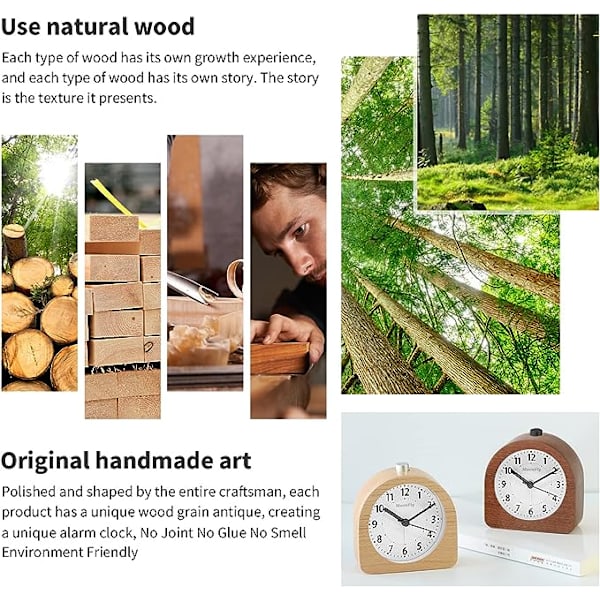 Mörk Trä, Batteridriven Morgonväckarklocka Snooze-Funktion Luminous Resa Trä Väckarklocka Tyst Icke-Tickande Analog Väckarklocka Händer Stigande S