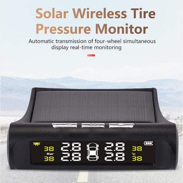 1 Sæt Smart TPMS med 4 Eksterne Sensorer Trådløs Solenergi USB Opladning Temperatur Advarsel LED Display Bil Dæktryk Alarm Overvågningssystem Køretøj Black