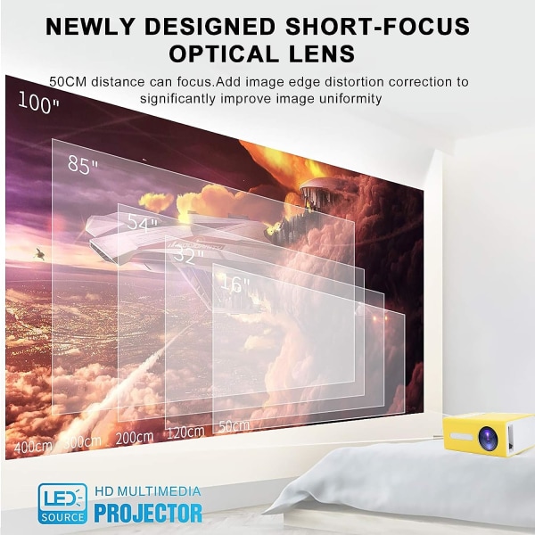 Miniprojektor, bærbar videoprojektor, 1080P Full HD-understøttet projektor (gul)