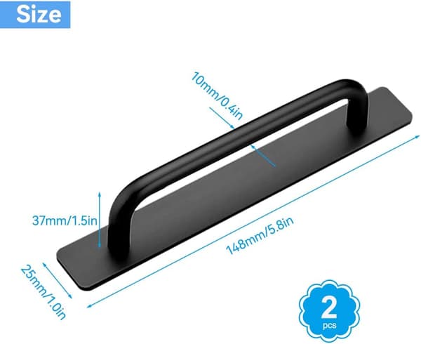 Sæt med 2 selvklæbende møbelgreb i aluminium, 148 cm, til køkkenmøbler (148 mm – Sort)
