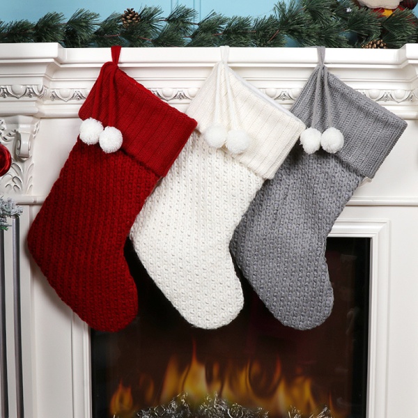 3 styks julestrømper Solide uldsokker juleslikgavestrømper med pompon