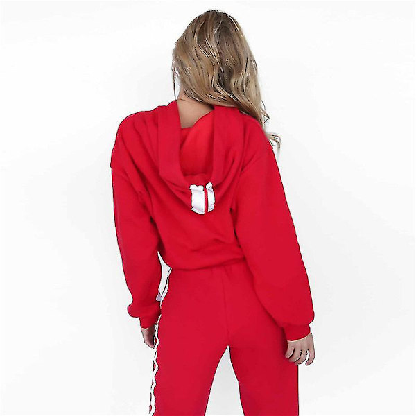 Dame Colorblock Tracksuit Sæt med Hættetrøje Joggingbukser Sportsdragt Red XL