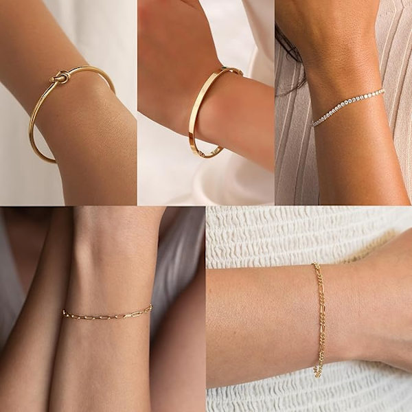 Guld Armbånd til Kvinder Stack 14K Ægte Guldbelagt Bangle Manschet Armbåndssæt Guld Perle Tennis Paperclip Cuban Link Kæde Armbånd til Kvinder