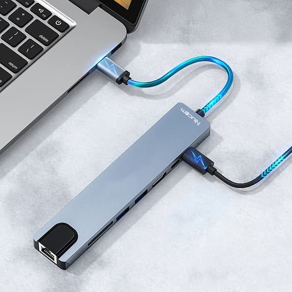 Multifunksjonell USB-C-hub med HDMI 4K, USB 3.0 OTG, RJ45 Ethernet, SD-kortleser, hurtiglading og dataoverføring