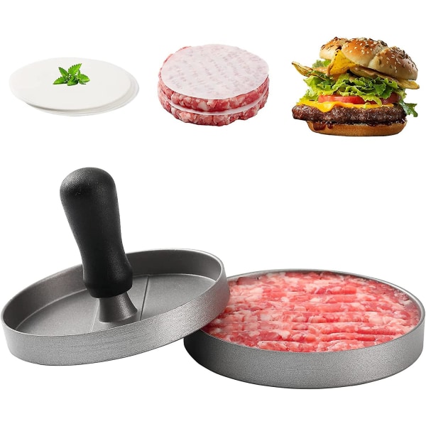 Burgerpress, non-stick-köttmörare av aluminiumlegering, hamburgerpress med 100 ark hamburgerpapper, matlagningsverktyg för hamburgarebiffar - grå